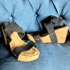 Lucky Brand Black Cork Wedge Sandals